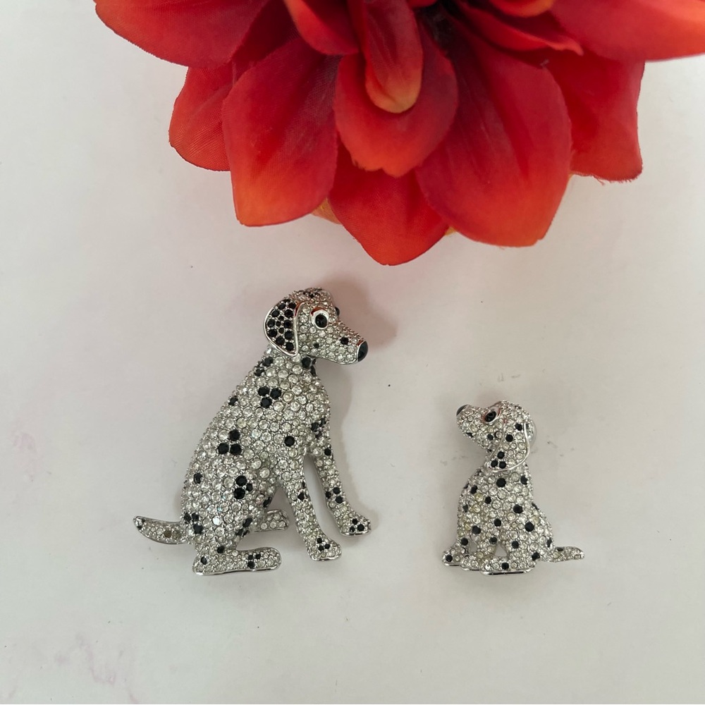 Swarovski Dalmatian Dogs Brooches Clear and Black Crystals NWOT